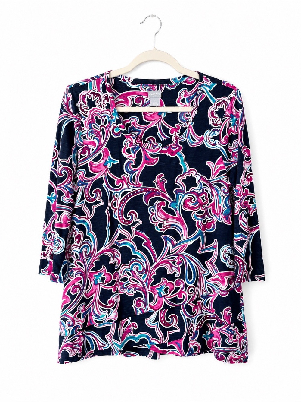Chico's Navy Blue Pink Floral Scroll Print Top